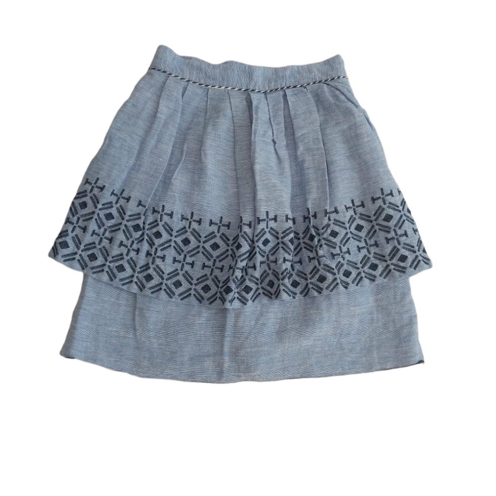 Anthropology Odille Alpine Dream tier embroidered linen cotton skirt, pockets